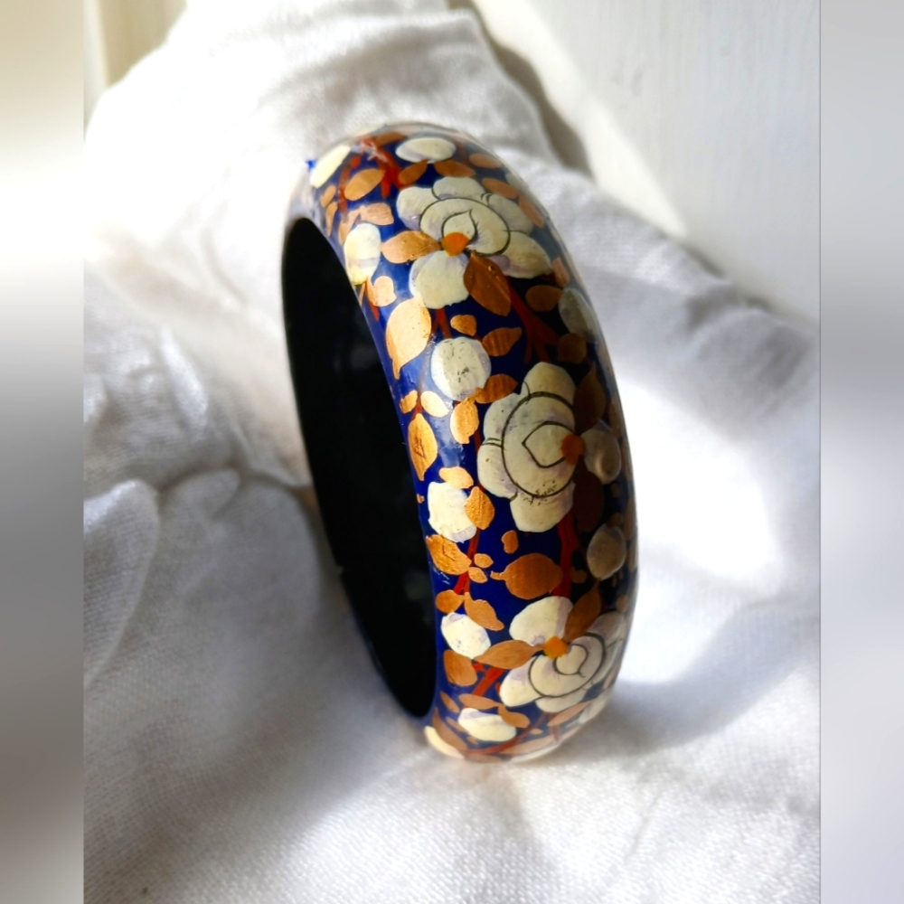 Floral Gold and Blue Bangle Bracelet